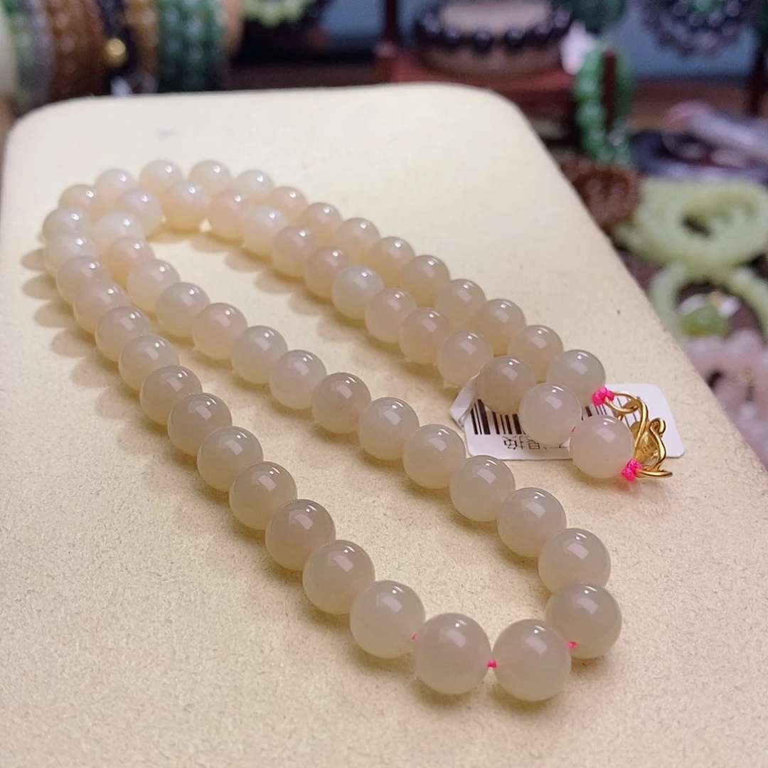 和田玉未镶嵌颈饰收藏级浓藕粉老矿料脂膏级红粉项链8m