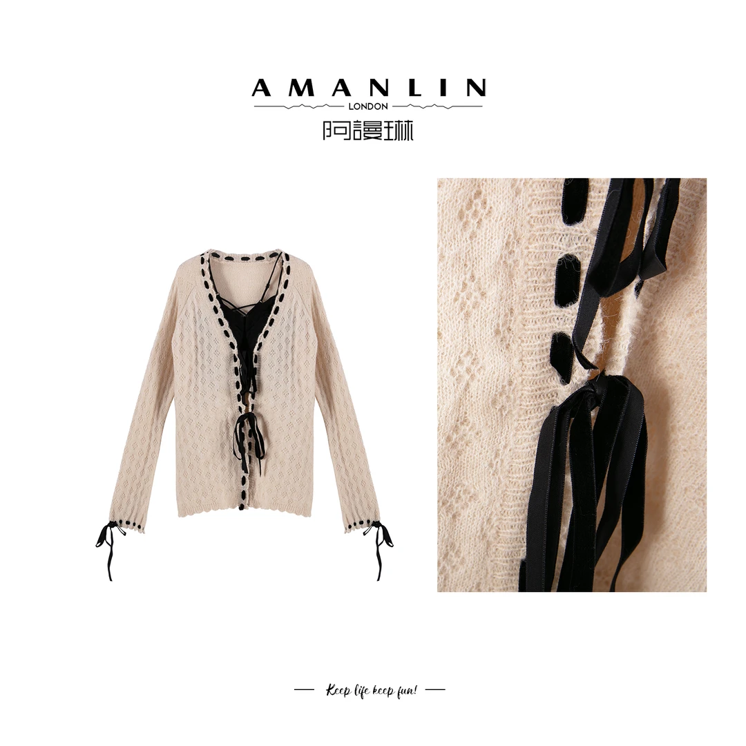 【AMANLIN】春季新款气质吊带针织衫套装女人味两件套F595365