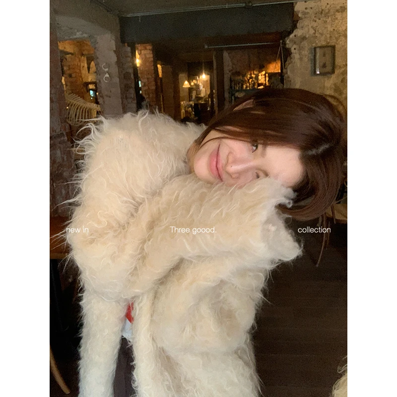 THREE GOOOD/三吉【达人专属】毛茸茸手工羊毛拉毛长款开衫慵懒氛围