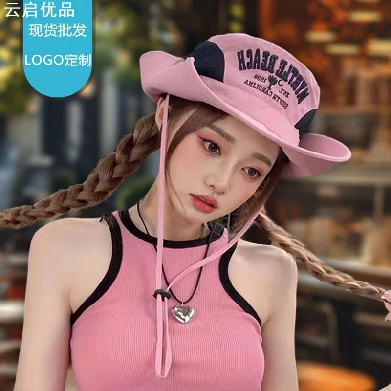 夏季露营字母刺绣渔夫帽女登山日系牛仔大沿户外钓鱼男款遮阳