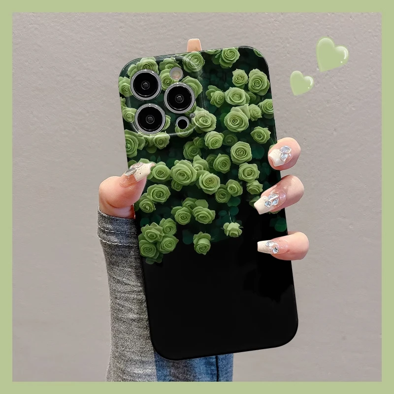 简约绿色玫瑰适用苹果16手机壳华为创意vivo新款小米15oppo菲林壳