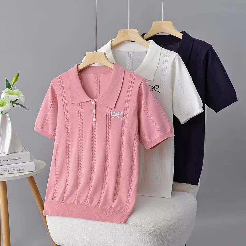 大码女装夏季新款时尚显瘦POLO领设计感针织衫洋气短袖
