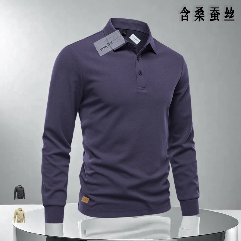 春秋季国潮翻领男士polo衫长袖高级感痞帅休闲桑蚕丝修身百搭t恤