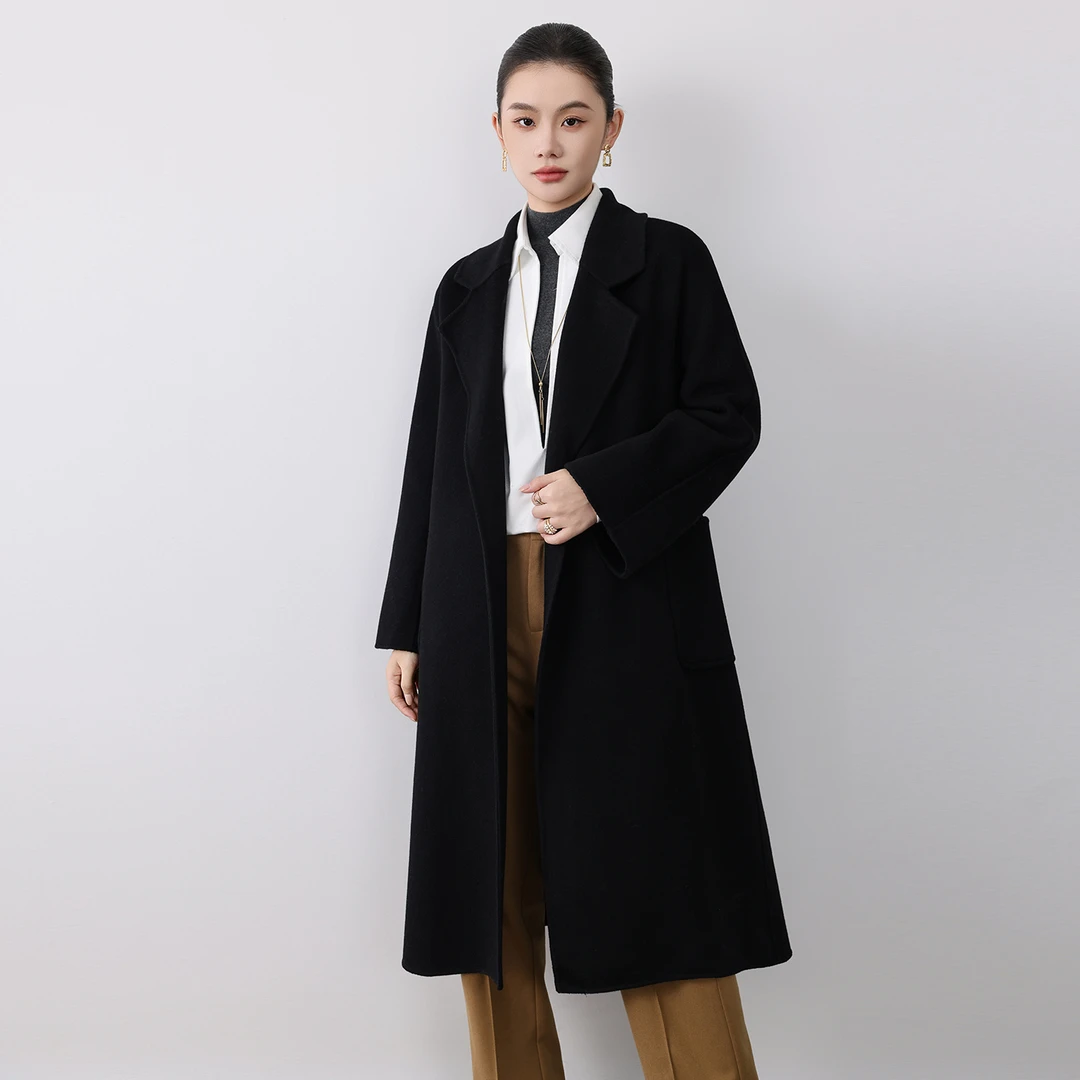 100%纯羊毛秋冬双面羊毛大衣女宽松廓形加厚长款毛呢大衣时尚休闲