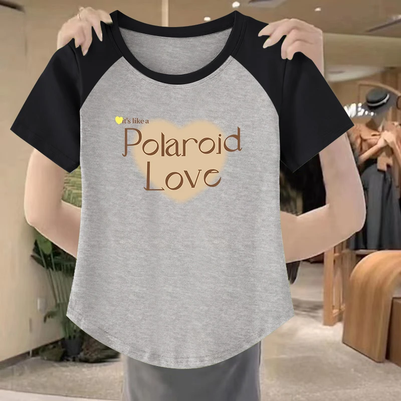 清仓捡漏~夏季撞色圆领短袖T恤不规则弧形别致修身棉质女上衣