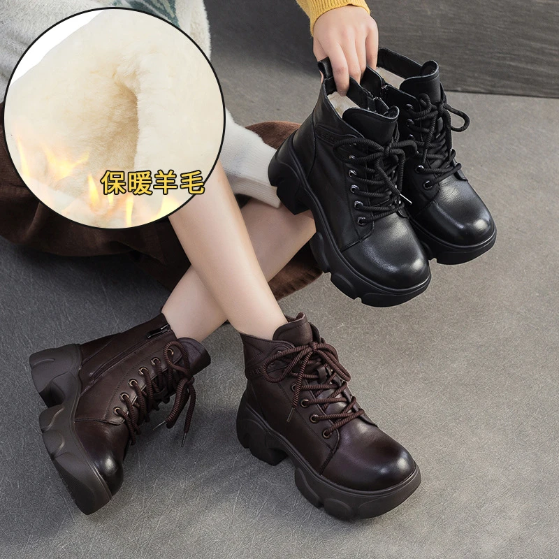 2025冬季新款加厚羊毛女靴增高系带短棉靴头层牛皮女鞋博肯鞋