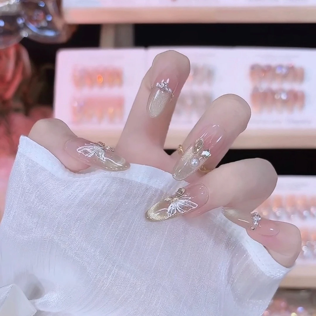 【烫金蝴蝶】手工穿戴甲10片装可拆卸宠粉爆款气质美甲贴W