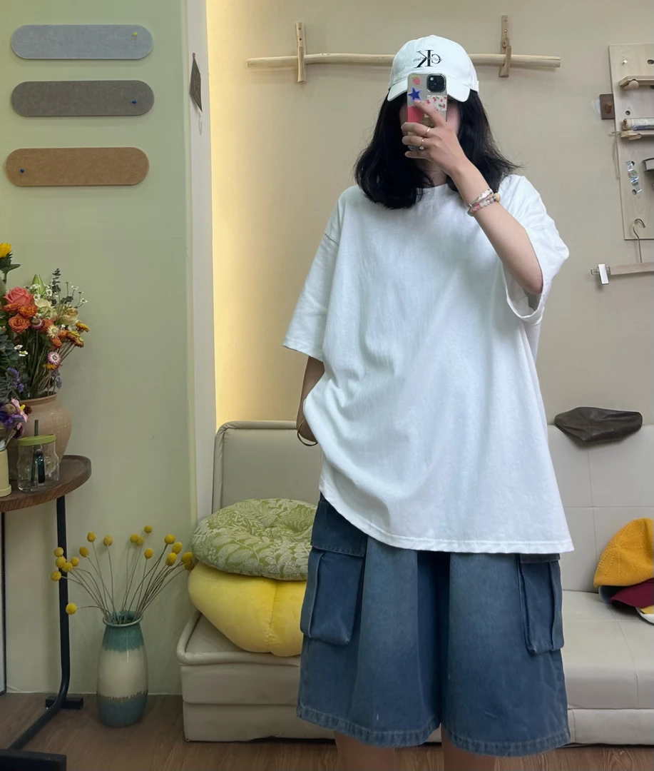 夏季新款宽松大版休闲百搭净版螺纹领口短袖T恤