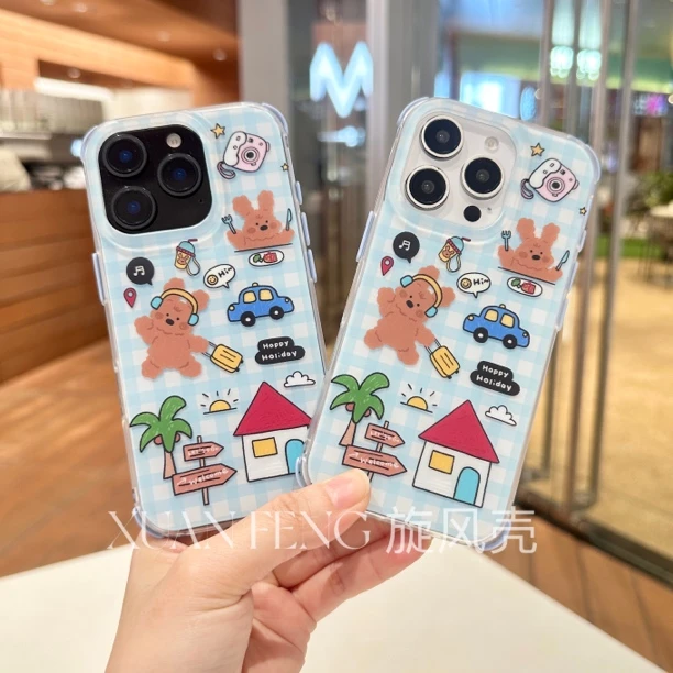 卡通简约格纹狗狗适用于苹果16promax/15pro/14pro/ 13全包手机壳