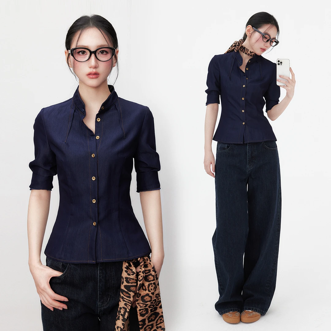 誉芝yuzhi2025春季新款气质衬衫收腰设计显瘦牛仔蓝休闲长袖衬衣