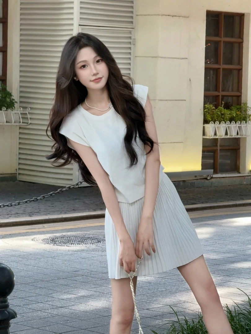 INS风甜美时尚套装上衣高腰短袖小个子显瘦韩版