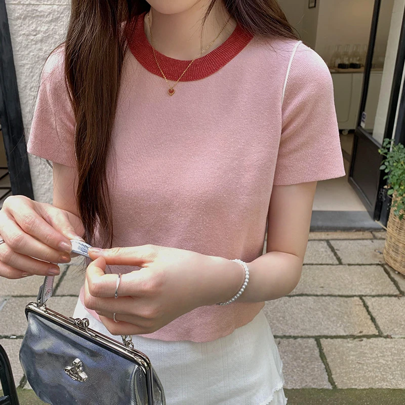 阿里巴巴设计感拼色短袖上衣女2025夏季新款撞色韩系短款休闲T恤