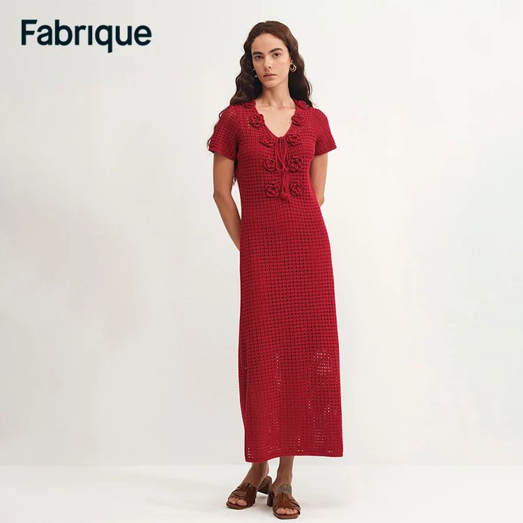 Fabrique【博主同款】夏新款红山茶棉麻手工钩花V领绑带针织连衣裙