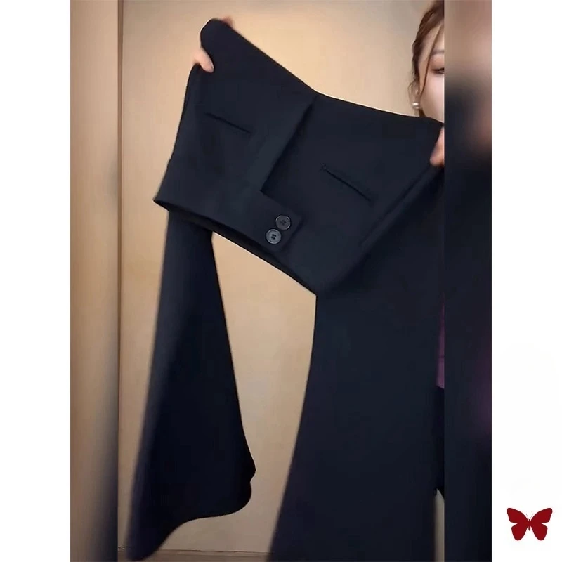 休闲黑色西装微喇叭裤子女秋冬季今年流行爆款加绒拖地长裤马蹄裤