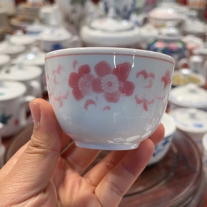 陶瓷禅**心醴陵釉下手绘红海棠茶杯4个