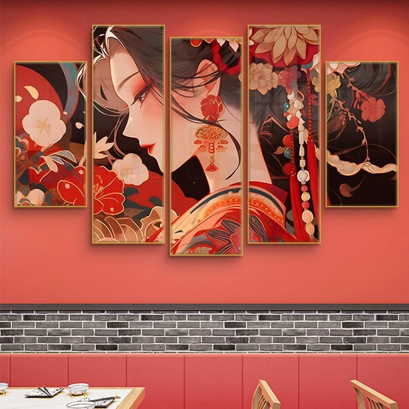 国潮风墙面装饰画火锅店饭店包厢包间背景墙壁画京剧花旦脸谱挂画