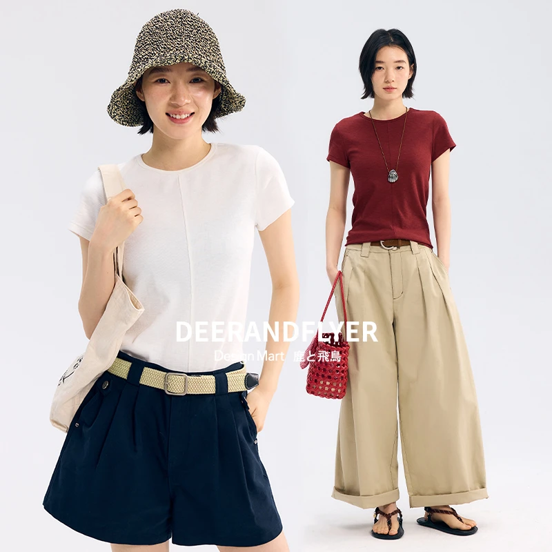 鹿与飞鸟<CLEAN系列>260g优可丝竹节面料三色正肩圆领刨冰T恤6665