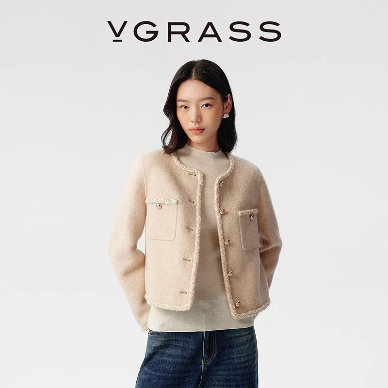 VGRASS25秋冬新款绵羊毛混纺微绒感毛呢利落有型COCO短外套上衣女