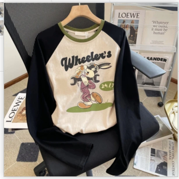 早春新款韩版网红大码撞色拼接长袖T恤针织圆领打底衫B19241