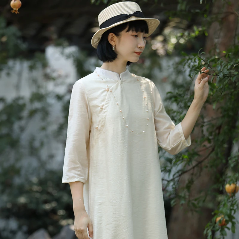 二喜茶服2025年春秋季新款改良版中式立领素白禅意茶服新中式旗袍