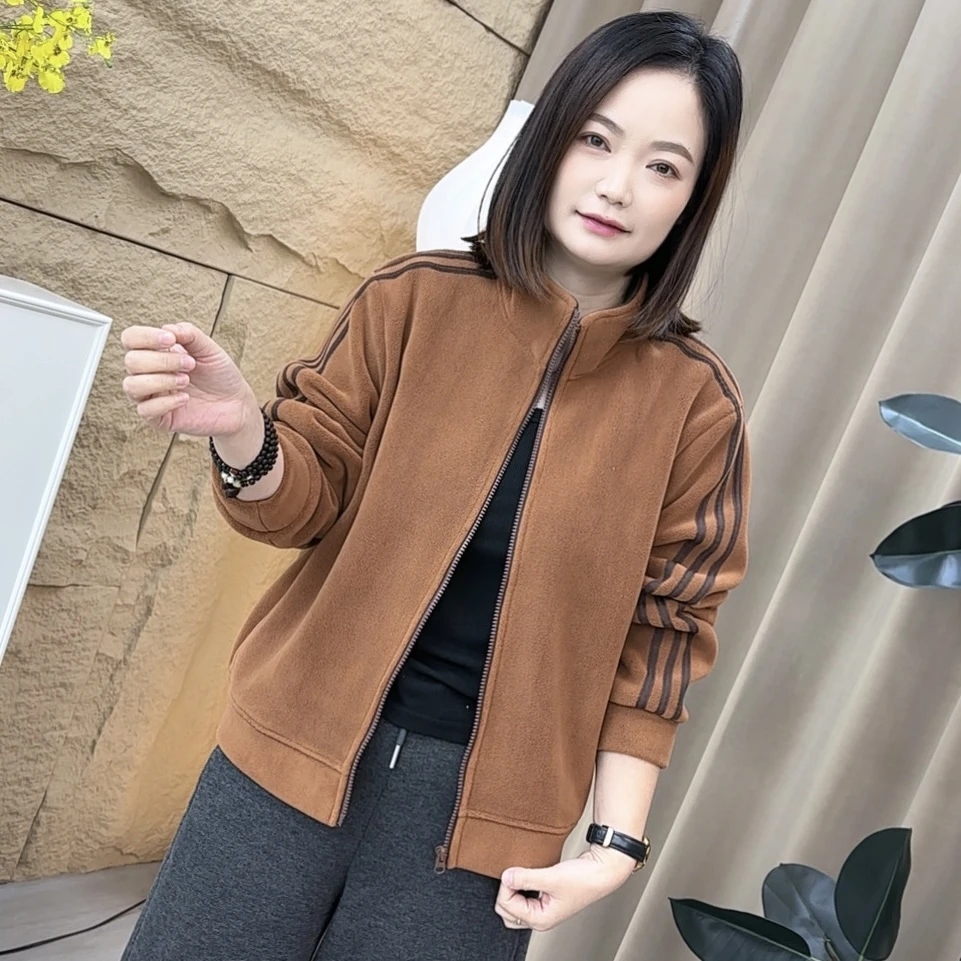 秋冬季老钱风潮流立领加绒运动风宽松显瘦开衫拉链加厚卫衣450-6