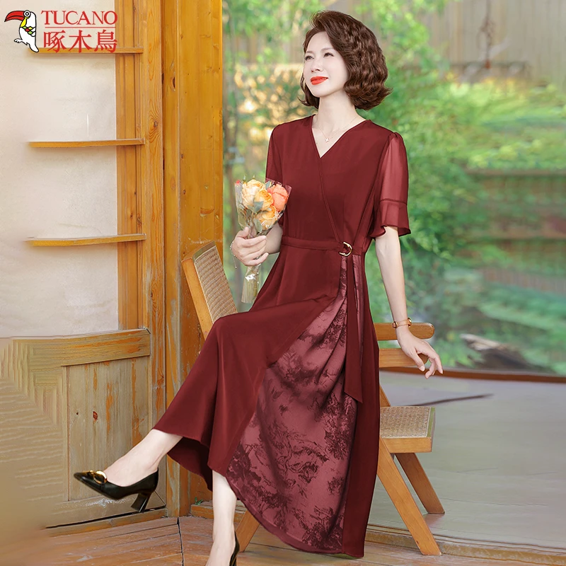 啄木鸟洋气妈妈夏装雪纺连衣裙喜婆婆婚宴装中老年女时尚纱袖裙子