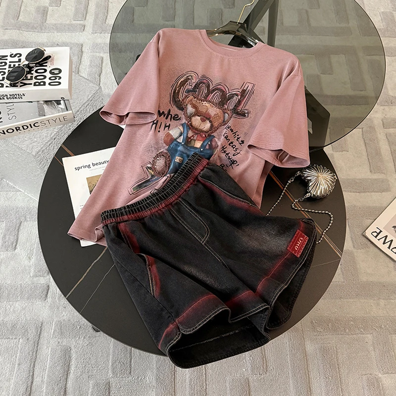 韩系炸街休闲运动套装女夏新款圆领短袖小熊上衣宽松短裤两件套潮