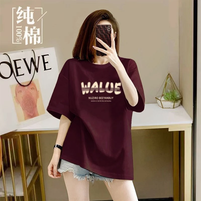 100%短袖t恤女2025新款夏季韩版宽松印花大码百搭体恤上衣女