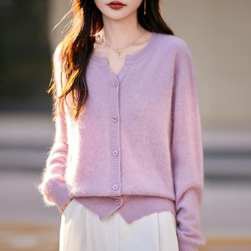 拉毛羊绒羊毛圆领开衫女亲肤日常通勤百搭软糯小开衫