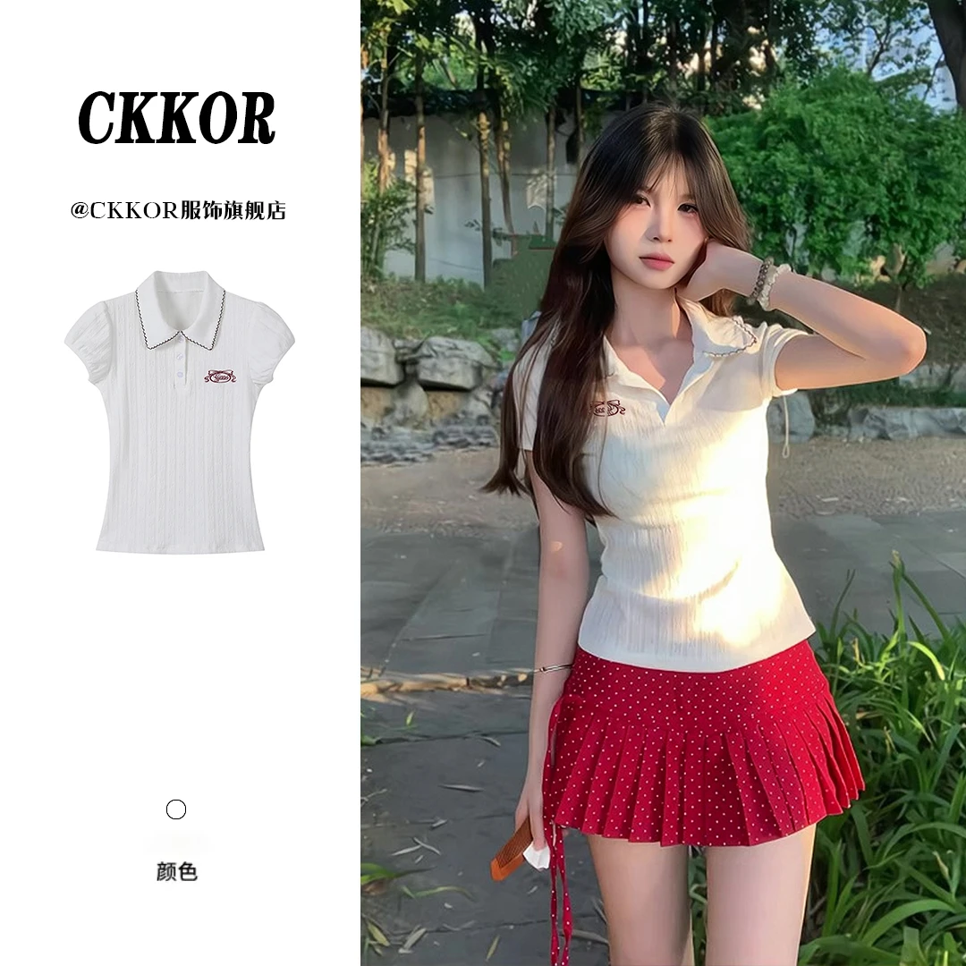 CKKOR夏季修身显瘦刺绣短袖t恤女新款polo领时尚洋气辣妹纯欲上衣