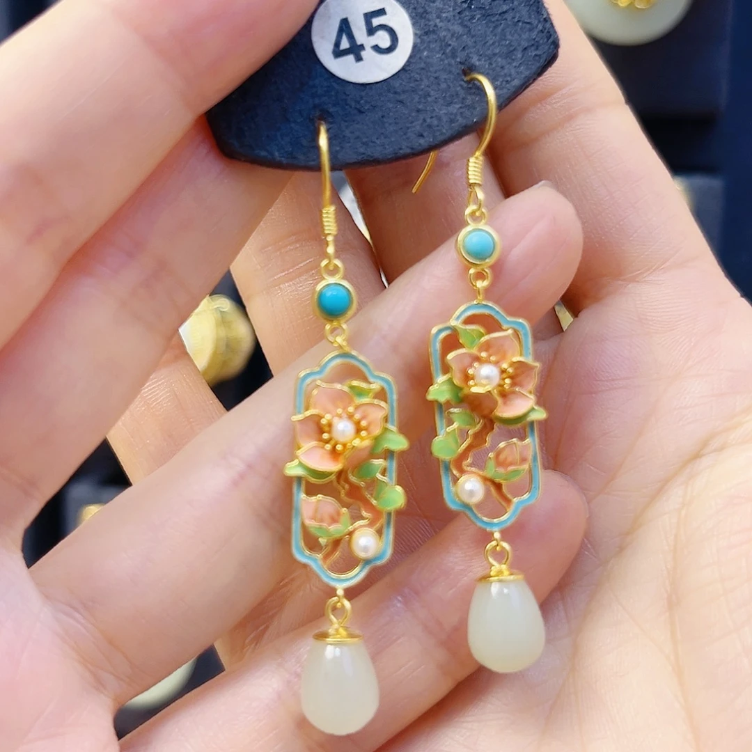 和田玉银S925镀金镶嵌耳饰