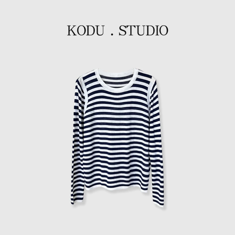 【刻度KODU】MIT-5109春季新款宽松圆领法式条纹拼色长袖针织衫