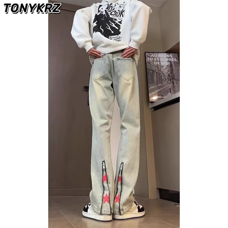 TONYKRZ美式拉链牛仔裤男高街vibe设计感微喇裤宽松百搭直筒长裤