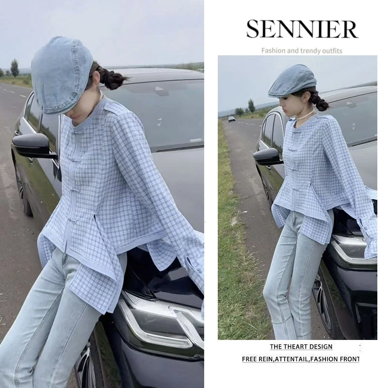 早秋穿搭2025新款不规则设计感格子长袖上衣百搭显瘦牛仔裤两件套