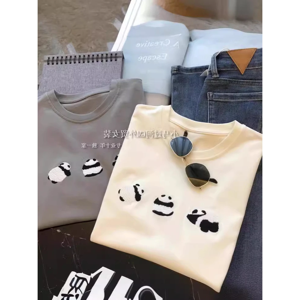 熊猫刺绣T恤女宽松圆领灰色正肩短袖小众显瘦日系上衣女夏高级感