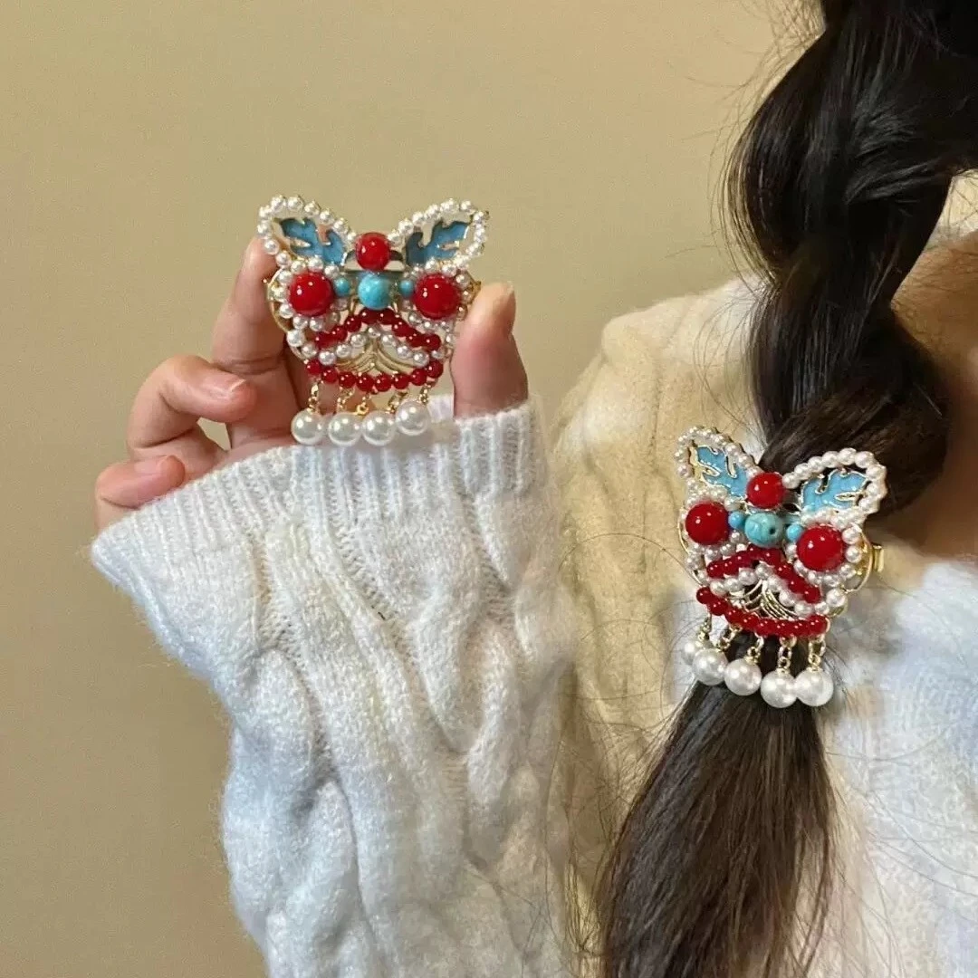 国风醒狮发夹珍珠边夹高级感小香风发卡头饰批发义乌鸭嘴夹饰品女