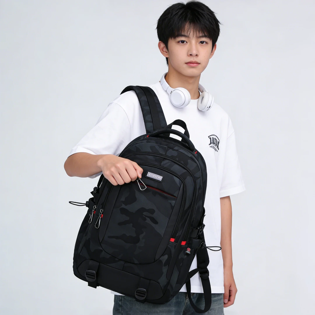 爱迪生高中生书包护脊减负防泼水双肩包中学生迷彩大容量旅行背包