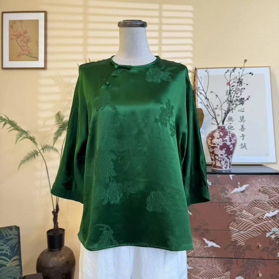 知羽.香云【碧芸】新中式桑蚕丝提花冠乐绉圆领衬衫ZY243006