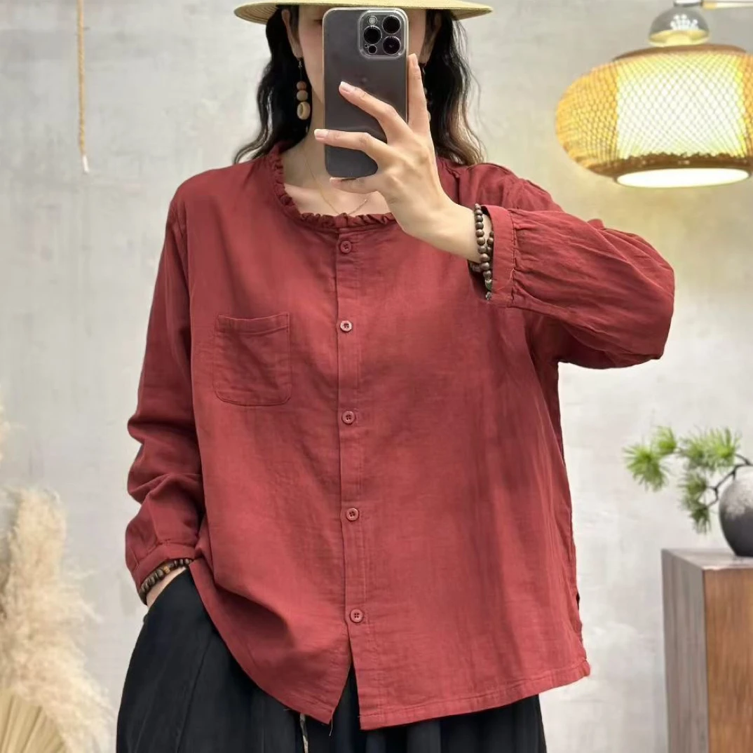 秋季木耳边女长袖衬衣百搭宽松双纱婴儿棉全棉衬衣胸围120衣长61