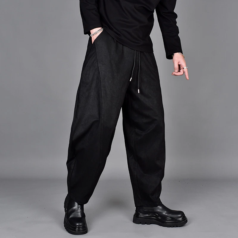 复古潮流锥形小脚裤冬季鹿皮绒卡其色休闲裤韩版男大码宽松哈伦裤