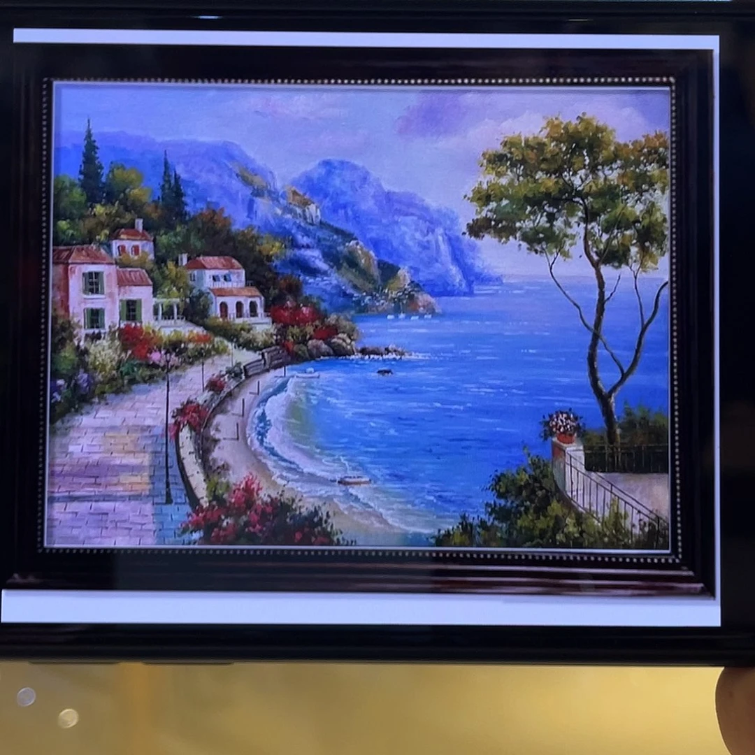 横款纯手绘油画，画面尺寸60*80cm。带金色立体框。