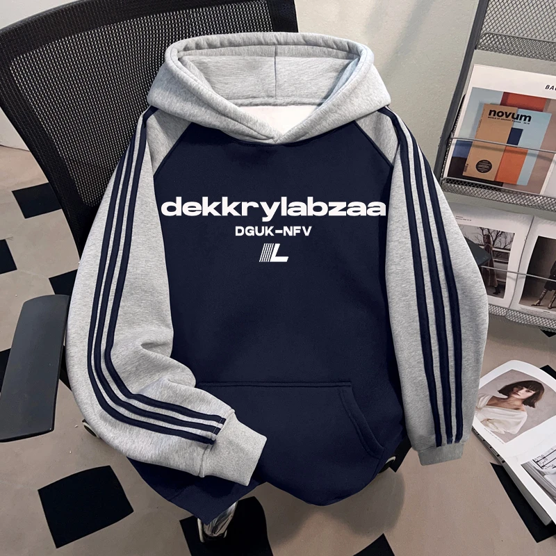 Dekkry秋冬创意字母印花插肩三条杠连帽卫衣男女款加绒情侣装上衣