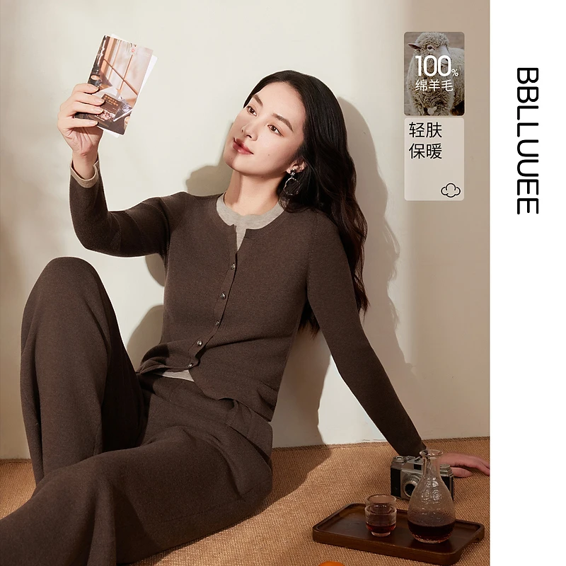 【慵懒风假两件】BBLLUUEE/粉蓝衣橱2025冬新款撞色全羊毛女毛衫