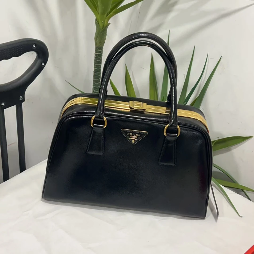 95新 Prada/普拉达 黑金手提包/聪聪/改色