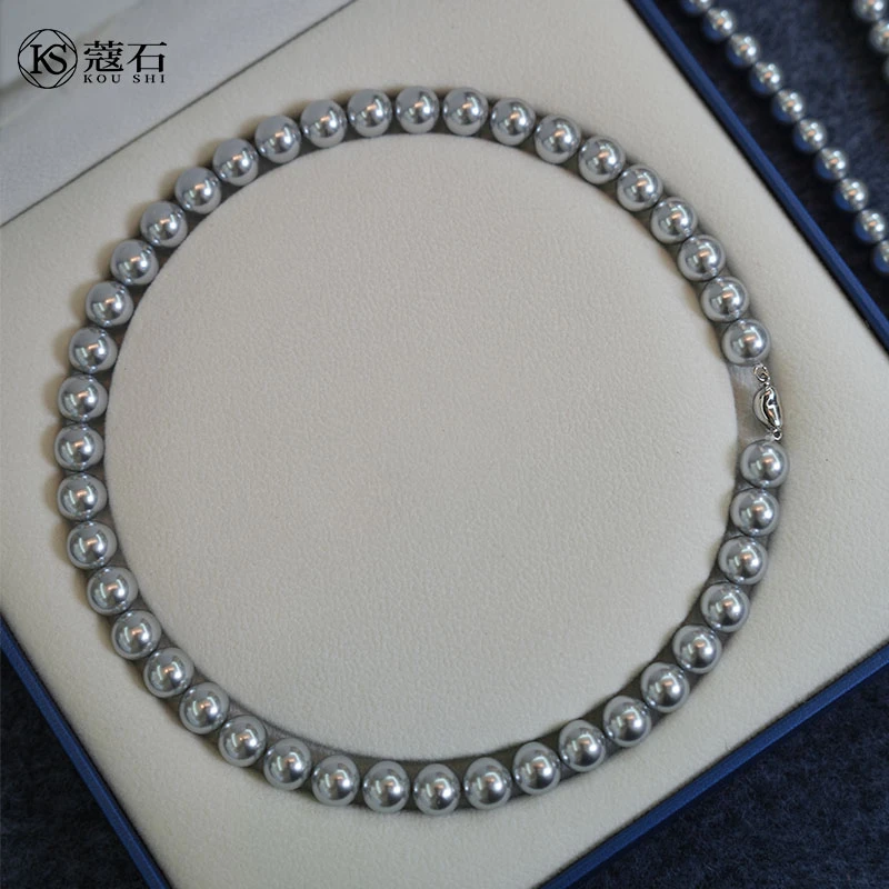 链子925银仿珍珠 灰色倪妮同款项链女正圆银扣长款毛衣链锁骨气质