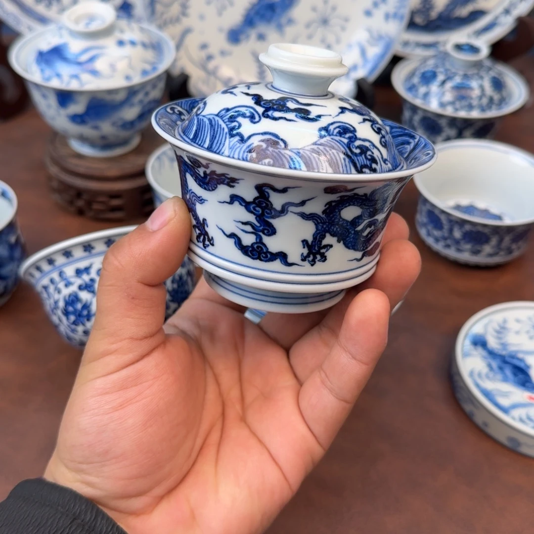 摆件陶马蹄双龙盖碗福利