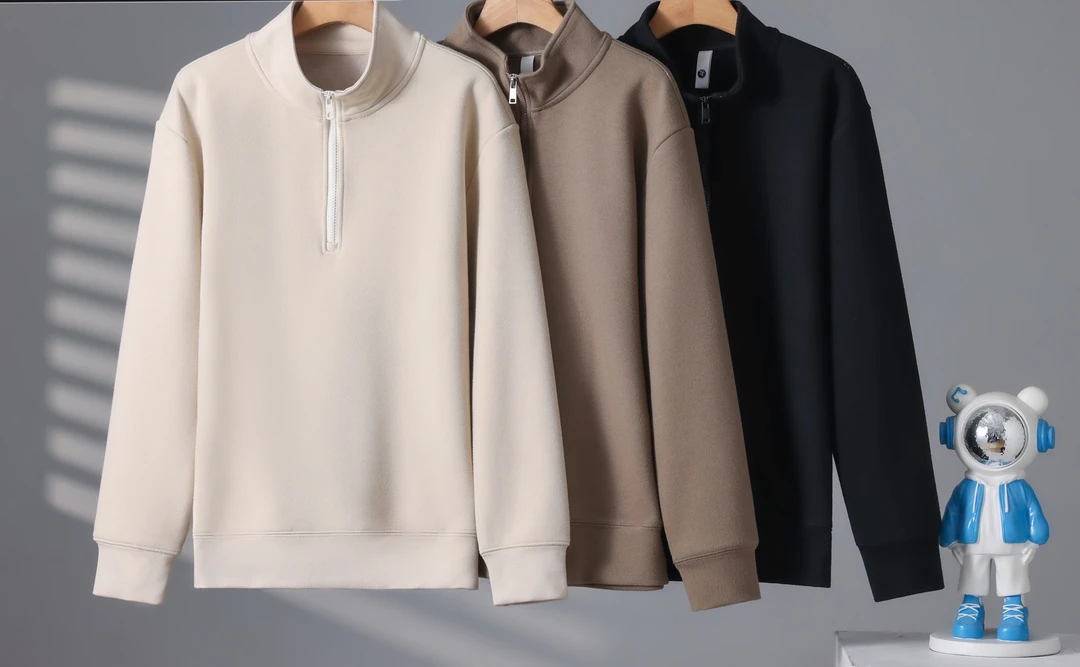 潮牌冬款半拉链袖标纯色立领加绒加厚休闲卫衣保暖宽松时尚8836