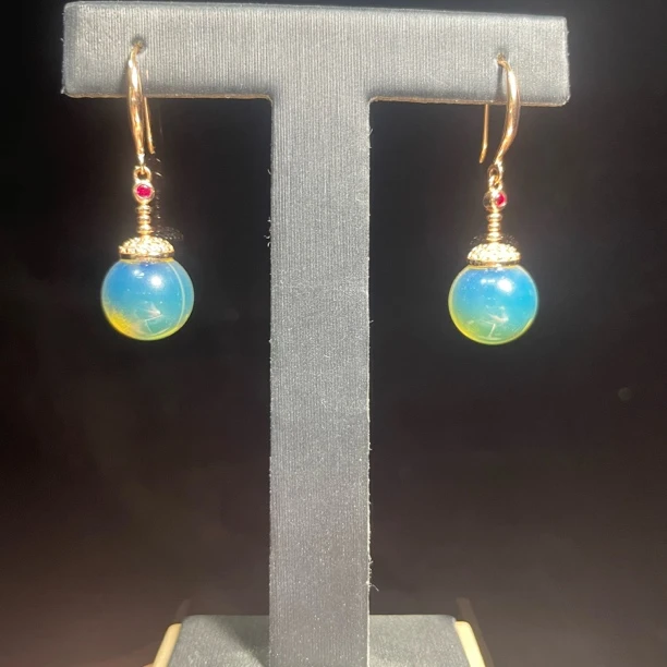 墨西哥蓝珀5A高蓝净水裸珠镶嵌耳钩12气质精品