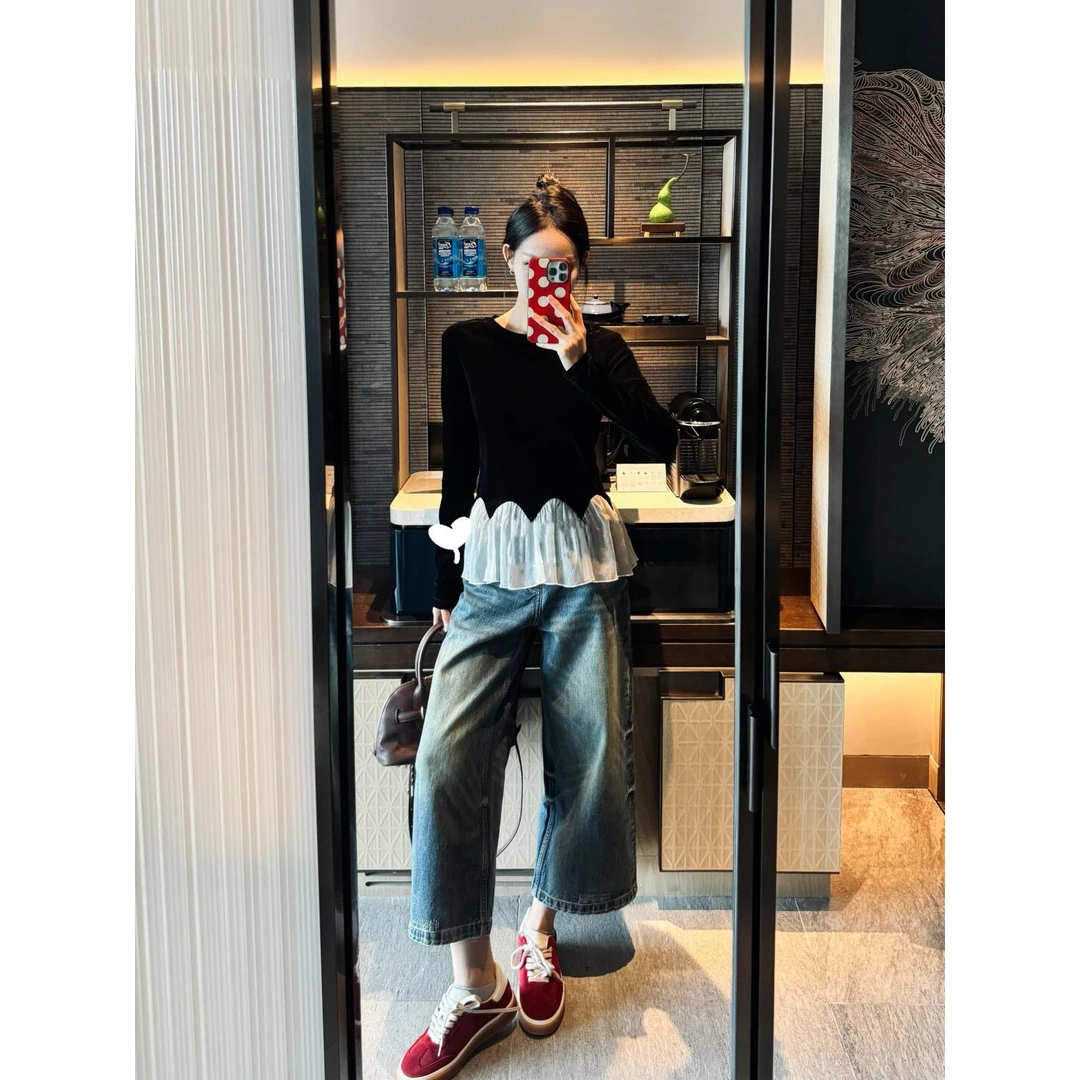 【4501】-时尚套装新款秋冬季休闲简约上衣搭配牛仔裤阔腿裤子显瘦