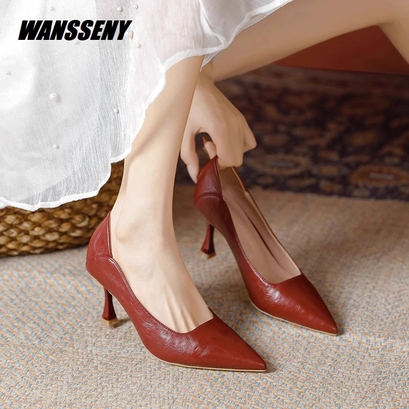 WANSSENY2025年羊皮红色气质高跟鞋女尖头浅口细跟职业工作单鞋女